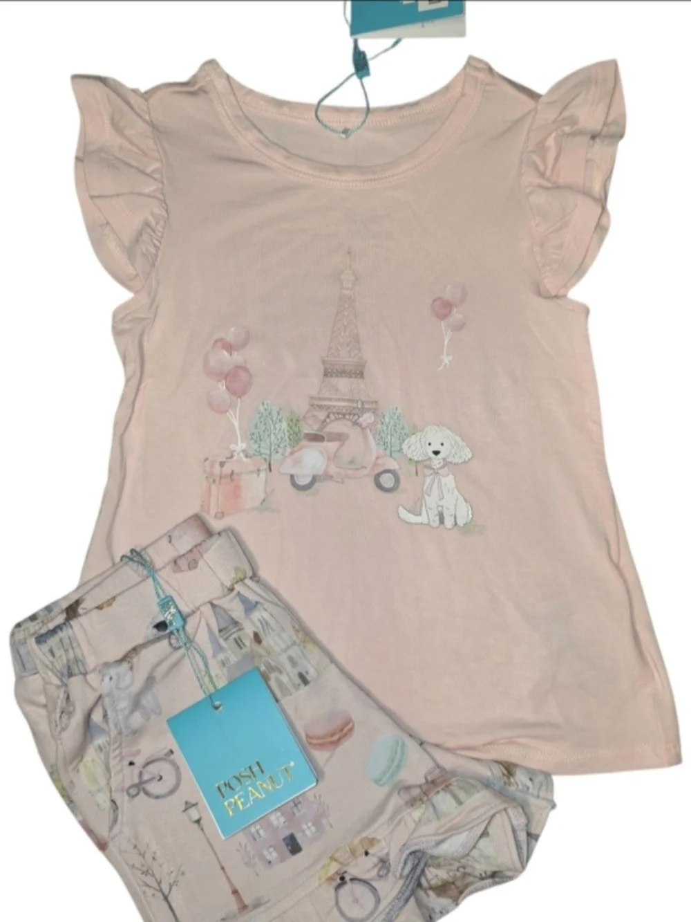 Posh Peanut Pink Girls' Pajama Set with Eiffel Tower & Puppy Print